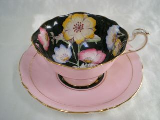 Vintage Paragon Bone China Floral,  Black & Pink Tea Cup & Saucer 2