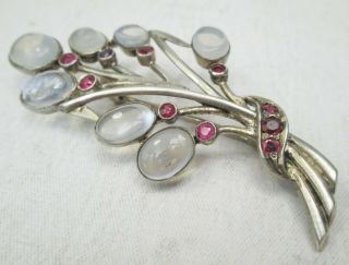 Antique Sterling Silver Cabochon Moonstone & Ruby Brooch Pin