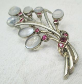 Antique Sterling Silver Cabochon Moonstone & Ruby Brooch Pin 3