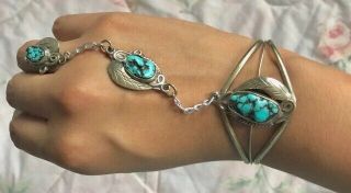 Vintage Navajo Handmade Solid 925 Sterling Silver Turquoise Slave Bracelet