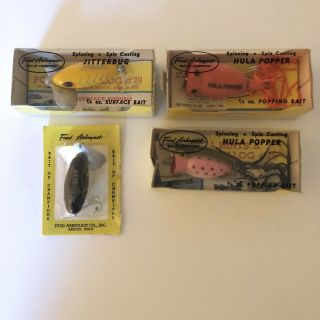 4 Vintage Fred Arbogast Lures (3 With Insert,  1 Tear Display)