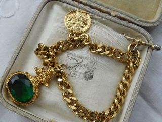 Vintage 1960s Chunky Gold Chain Bracelet With Green Crystal & Coin Charm