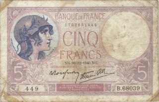 1940 5 Francs France French Currency Banknote Note Money Bank Bill Cash Wwii Ww2