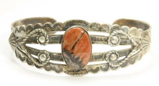 Vintage Navajo Sterling Silver Harvey Stamped Petrified Wood Cuff Bracelet 925