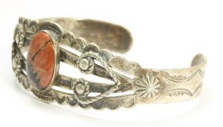 Vintage Navajo Sterling Silver Harvey Stamped Petrified Wood Cuff Bracelet 925 3