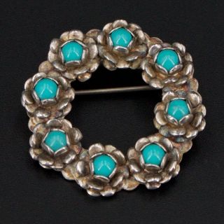 Vtg Sterling Silver - Mexico Turquoise Flower Floral Wreath Brooch Pin - 8g