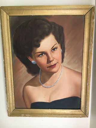 Gorgeous Old Vintage Portrait Oil Painting On Canvas Woman Pearls Mid Century