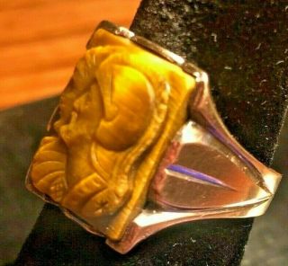 10k 4.  3g Solid Yellow Gold Vintage Carved Tiger Eye Cameo Ring Size 7.  5