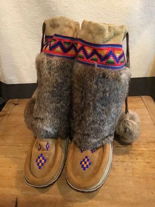 Native American Indian Vintage Beadwork Beaded Suede Rabbit Fur Tall Moccasins