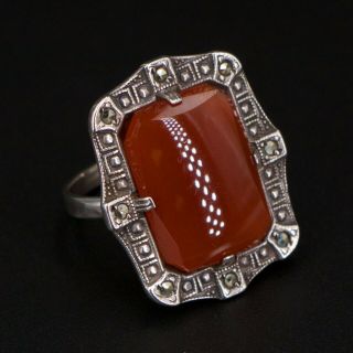 Vtg Sterling Silver - Art Deco Marcasite Carnelian Statement Ring Size 6 - 5g