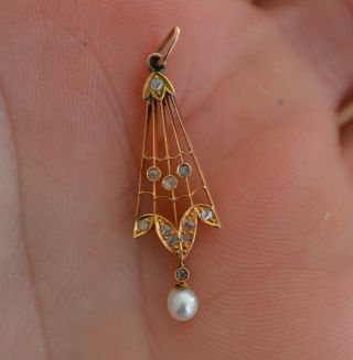 Antique Art Nouveau 18k Gold Pearl And Diamond Pendant 1.  5 Gr