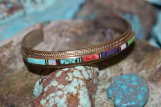 Vintage Navajo Cuff Bracelet Inlay Stones,  Sterling And 1/20 12 Gf,  Signed: T F