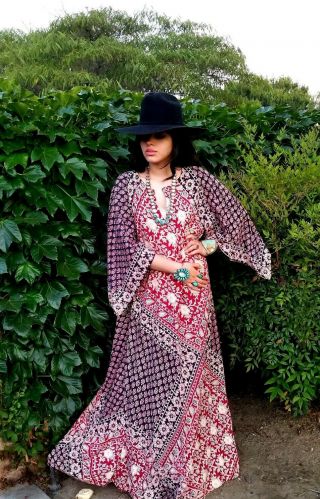Vintage 1970s Hippie Boho India Cotton Gauze Indian Caftan Maxi Dress