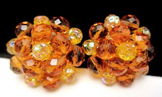 Chic Vintage 1 - 1/4 " Signed Schiaparelli Goldtone Amber Crystal Clip Earrings A35