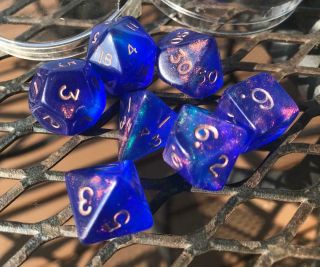 Fire Opal Blue with Red 7 Piece Dice Set,  Rare & OOP, 2