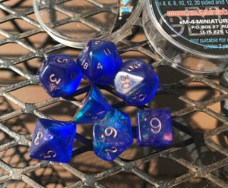 Fire Opal Blue with Red 7 Piece Dice Set,  Rare & OOP, 3