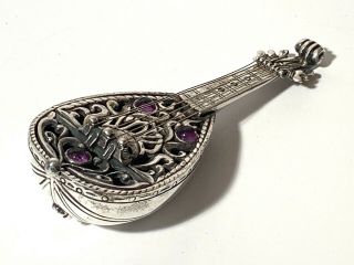 Vintage Judaica Dabbah Amethyst 925 Sterling Silver Mandolin Guitar Spice Box