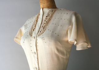 1930s White Cotton Day Dress Flutter Sleeves Lace and Studs 30s Vintage Dress 3