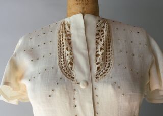 1930s White Cotton Day Dress Flutter Sleeves Lace and Studs 30s Vintage Dress 5