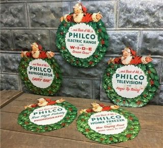 5 Philco Tv Television Christmas Santa Signs,  Vintage Advertising Electronics