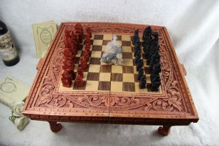 Balinese Vintage Wood Carved Folding Table Chess Backgammon Gods Set Game