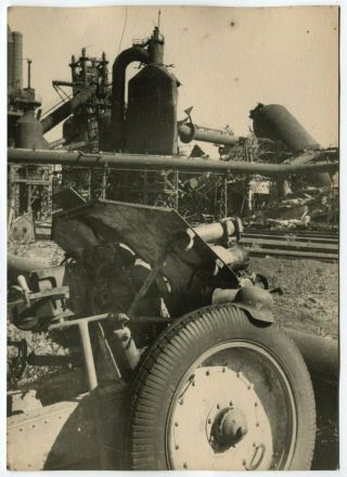 Wwii Large Size Photo: German Cannon At Liberated Industrial Factory