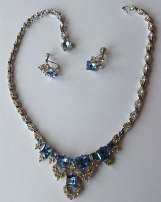 Vintage Bogoff Signed Light Blue And Clear Rhinestone Necklace & Earrings
