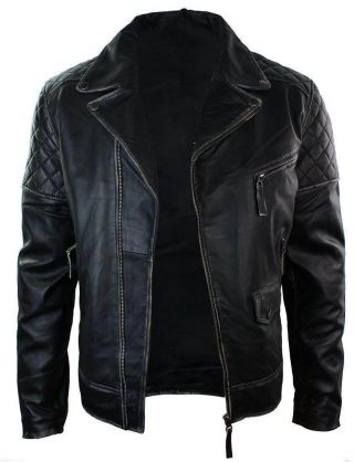 Men Biker Motorcycle Vintage Style Distressed Black Real Leather Jacket