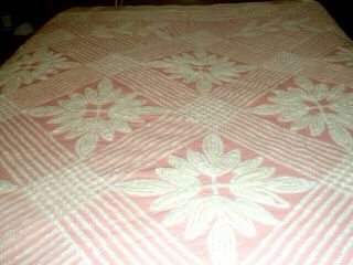 Vintage Chenille Bedspread 88 X 100 Pink White Floral