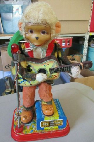 Vintage 1940s Japan Monkey W Guitar Tin Toy Japan Battery Operated Metal