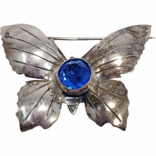 Hobe Sterling Silver Butterfly And Blue Crystal Pin Brooch