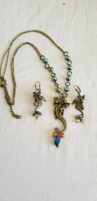 Rare Vintage Kirks Folly Cherub Riding Seahorse Bronze Necklace Earrings Set