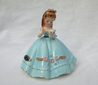 Vintage Josef Originals Girl In Blue Floral Dress W/ Kitten Cabinet Figurine