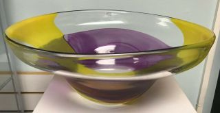 Large Vintage Clear Yellow Purple Heavy 5.  5kg Signed Svaja Glass Bowl Retro 42cm