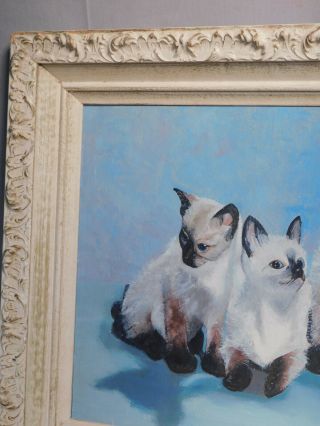 Vintage Modern Oil Painting Portrait 3 Siamese Cats Kittens 1950s SWEET 5