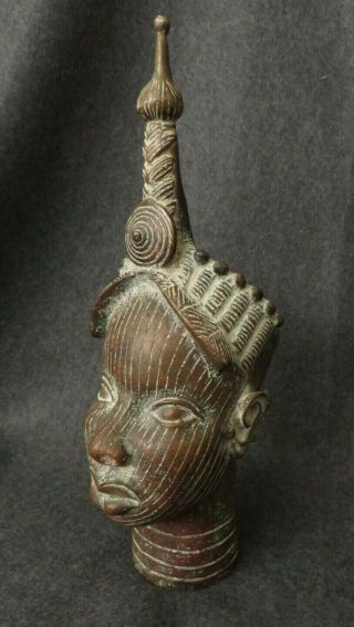 African Vintage Benin Bronze Head Of Yoruba Ife Queen