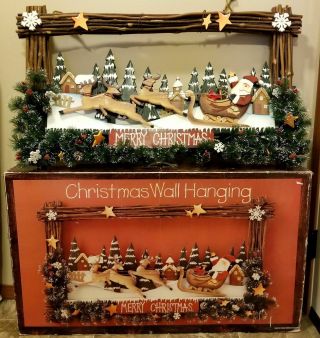 Vintage Wooden Merry Christmas Santa & Sleigh Wall Hanging Display Indooroutdoor