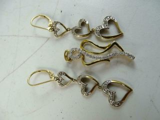 10k Solid White & Yellow Gold Heart Pierced Earring Pendant Necklace Diamond Set
