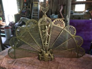 Vintage Brass Peacock Fireplace Fan Folding Screen with Art Deco Lady 2
