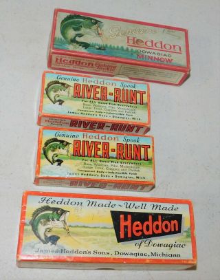 4 Vintage Heddon Fishing Lures Colorful Boxes Only