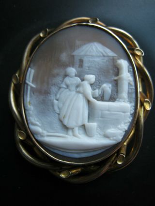 Antique Victorian Carved Shell Cameo Brooch Ladies At Well