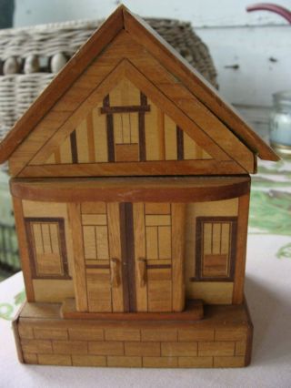 Vintage Made in Japan Wooden Puzzle Box House Secret Hiding Places 2 Keys 4