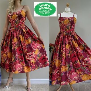 Vintage Laura Ashley Sunset Coral Rose Cotton Strappy Summer Dress Uk 12 14 Us 8