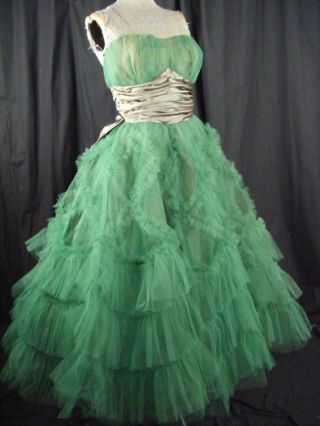 Vtg 50s Green Strapless Full Tulle Party Dress W/satin Bows - Bust 30/2xs