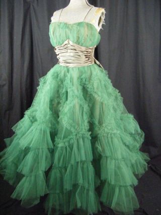 Vtg 50s Green Strapless Full Tulle Party Dress w/Satin Bows - Bust 30/2XS 2