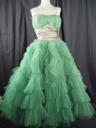 Vtg 50s Green Strapless Full Tulle Party Dress w/Satin Bows - Bust 30/2XS 3
