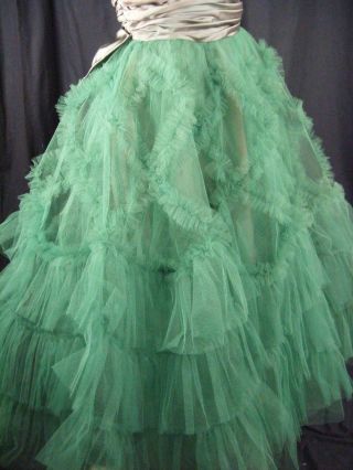 Vtg 50s Green Strapless Full Tulle Party Dress w/Satin Bows - Bust 30/2XS 5