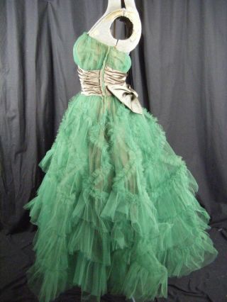 Vtg 50s Green Strapless Full Tulle Party Dress w/Satin Bows - Bust 30/2XS 7