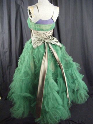 Vtg 50s Green Strapless Full Tulle Party Dress w/Satin Bows - Bust 30/2XS 8