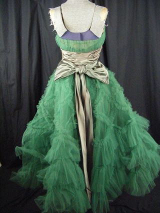 Vtg 50s Green Strapless Full Tulle Party Dress w/Satin Bows - Bust 30/2XS 9